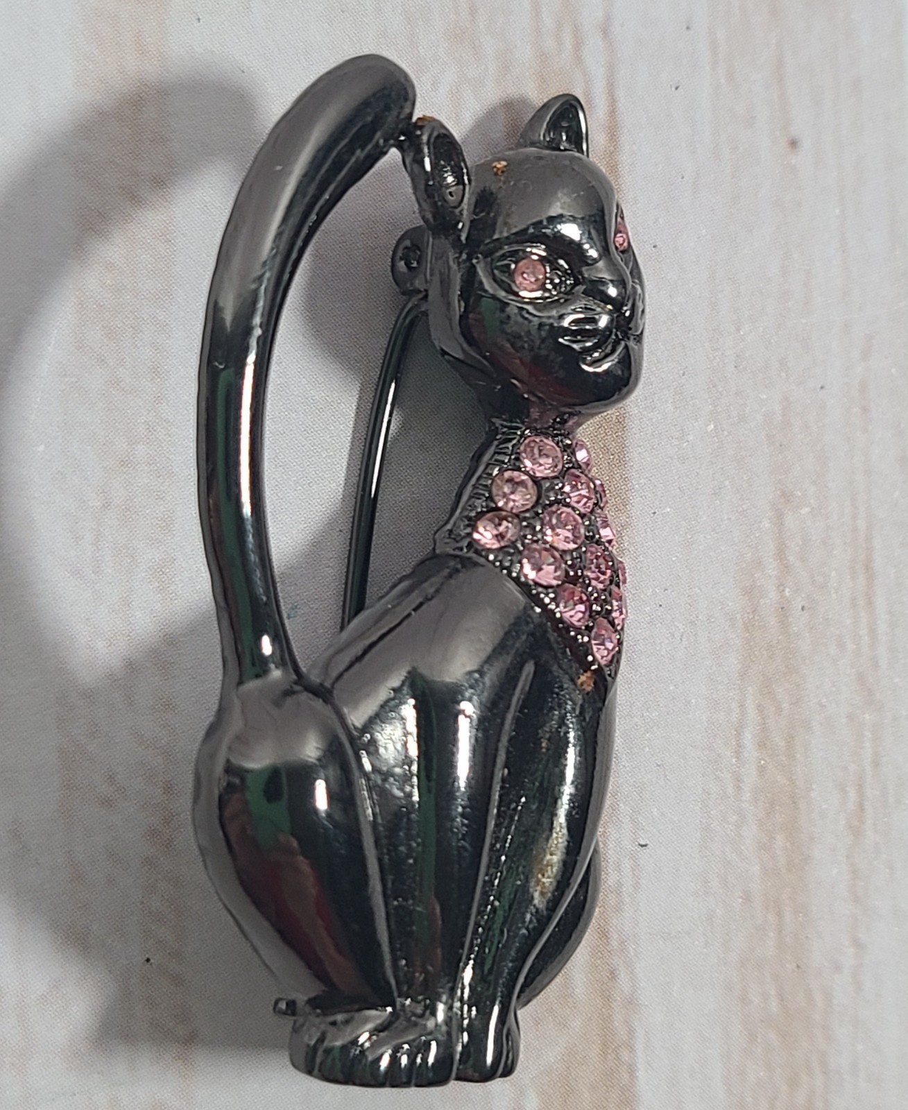 Vintage Black Cat Pin /Brooch Gunmetal-Tone W/Pink Rhinestones 1928 Jewelry Co