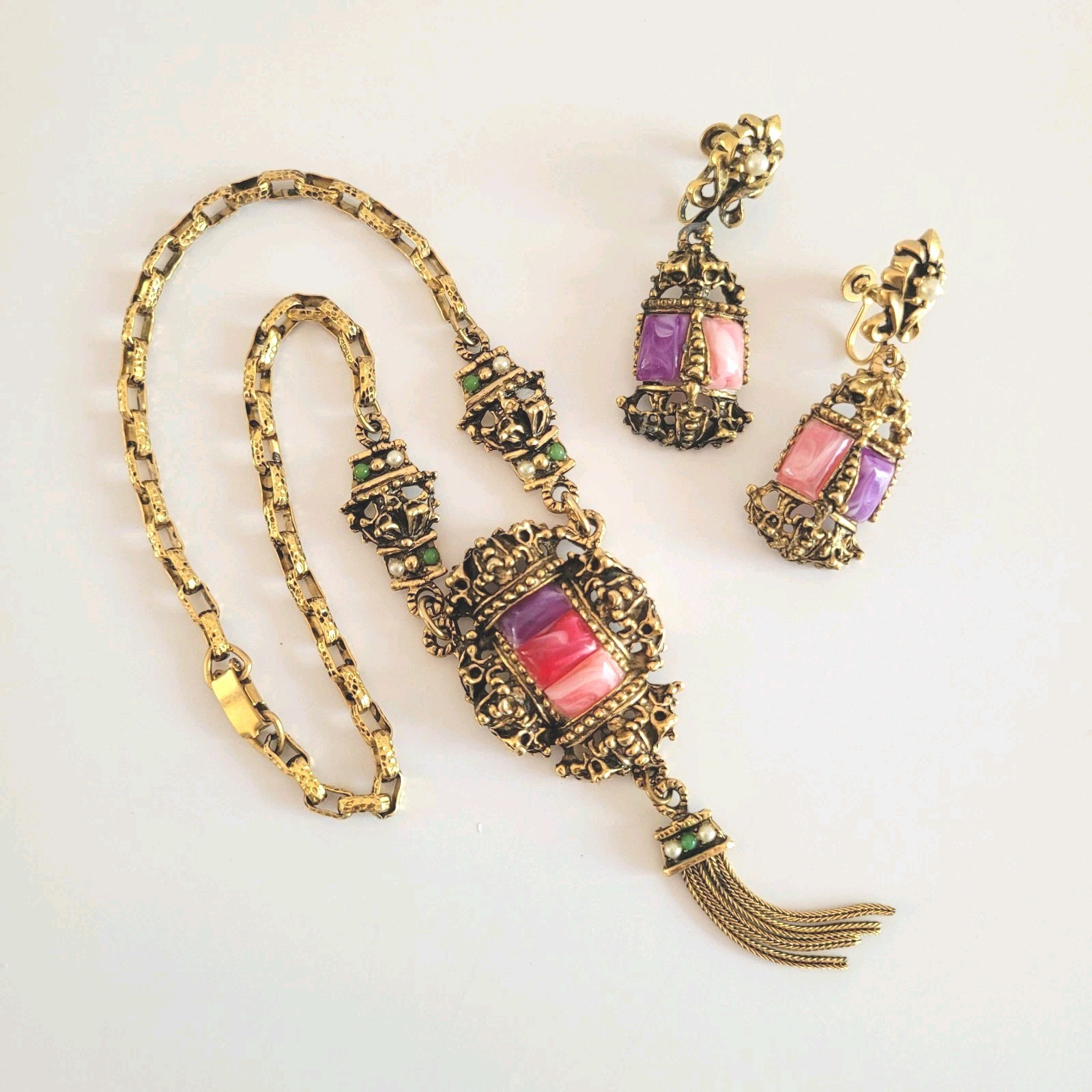 Vtg Selini Pink Purple Confetti Lucite Necklace Earring Set *Unsigned* Victorian