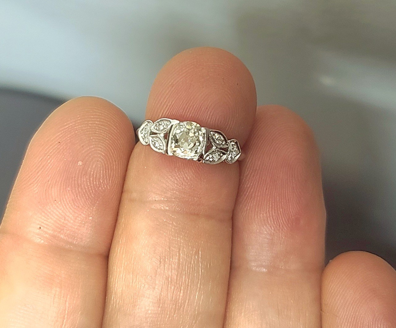 Platinum Vintage Filigree Engagement Ring 0.78ct. Natural Old Mine Cut Diamond