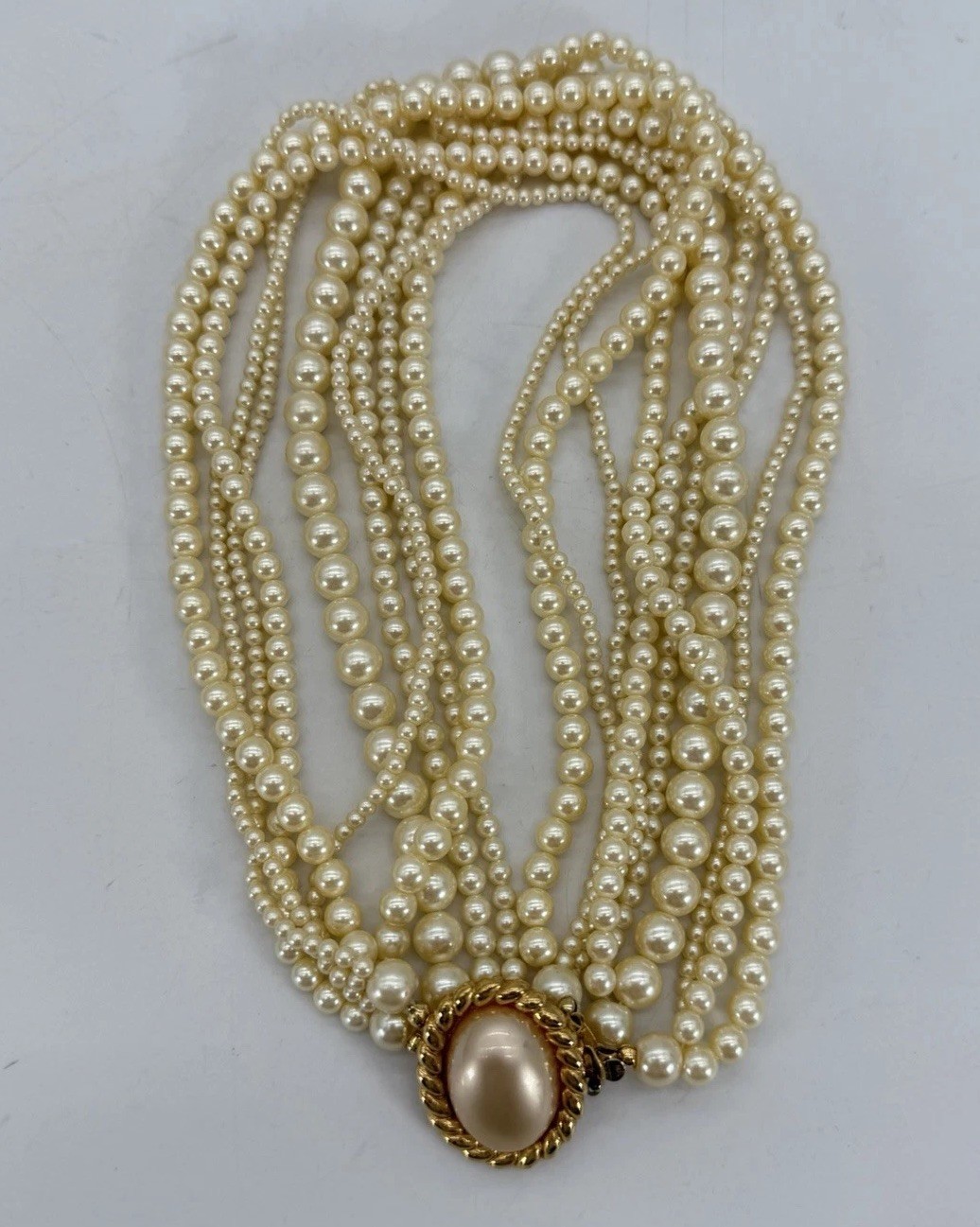 Vintage Carolee 9 Strand Off White Pearl 17” Gold Tone Clasp Necklace RARE