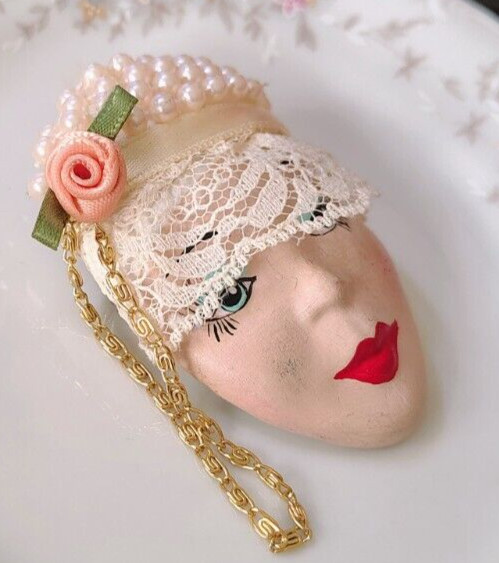 Vtg Retro Porcelain Painted Face Brooch Faux Pearl Peach Rose Lace Hat Red Lips