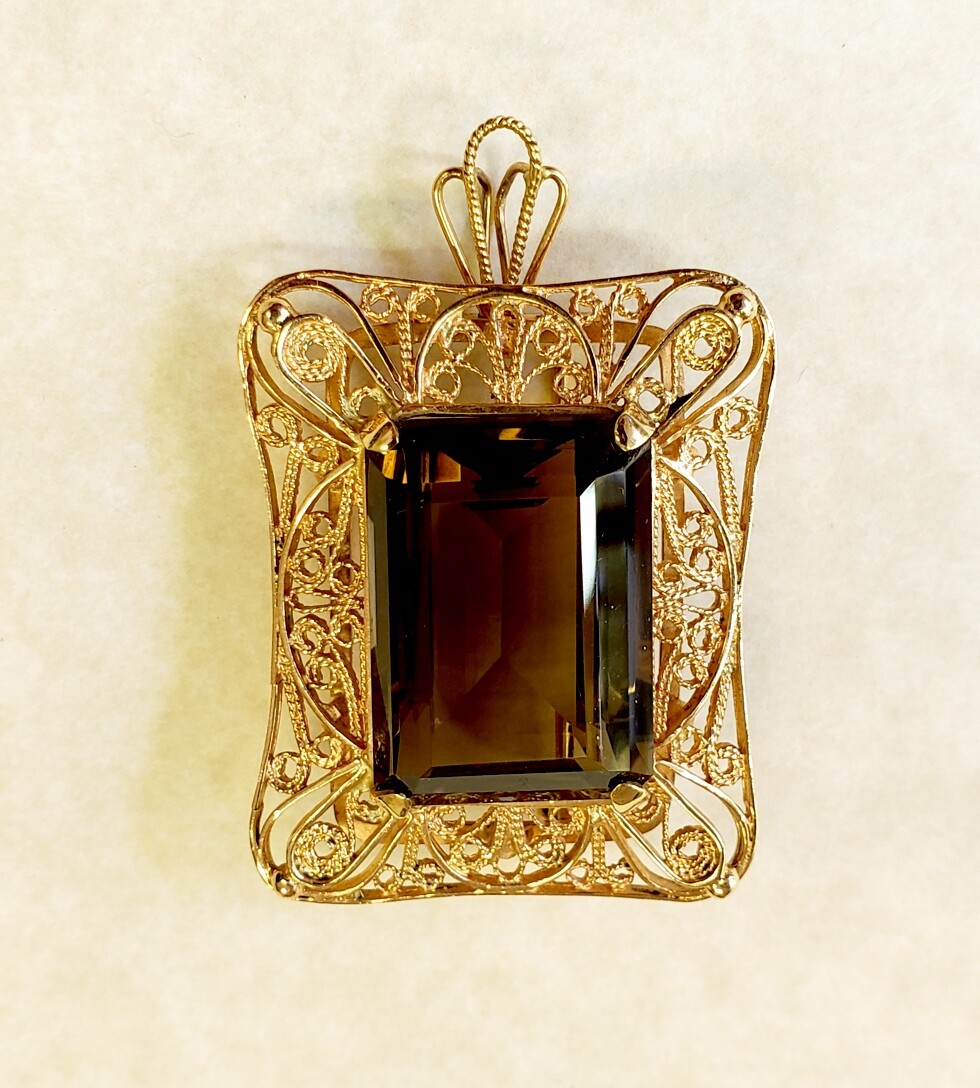 VINTAGE STUNNING RARE 14K ROSE GOLD SMOKY QUARTZ 16.8 GRAM PIN BROOCH PENDANT