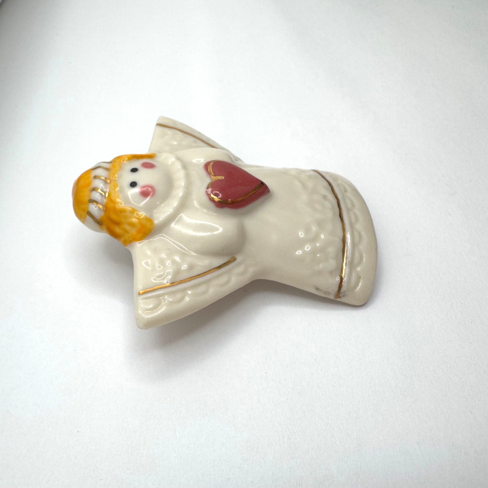 1996 Hearts & Flowers Red Hair Angel Brooch Pin Ceramic Red Heart Gold Accent