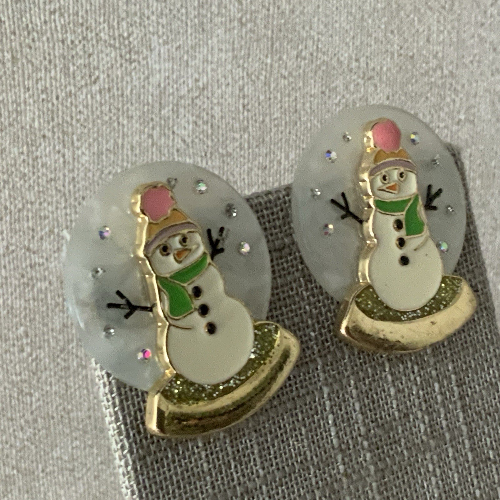 Pierced Sugarfix Gold Tone Plastic And Enamel Snow Man Snow Globe Earrings