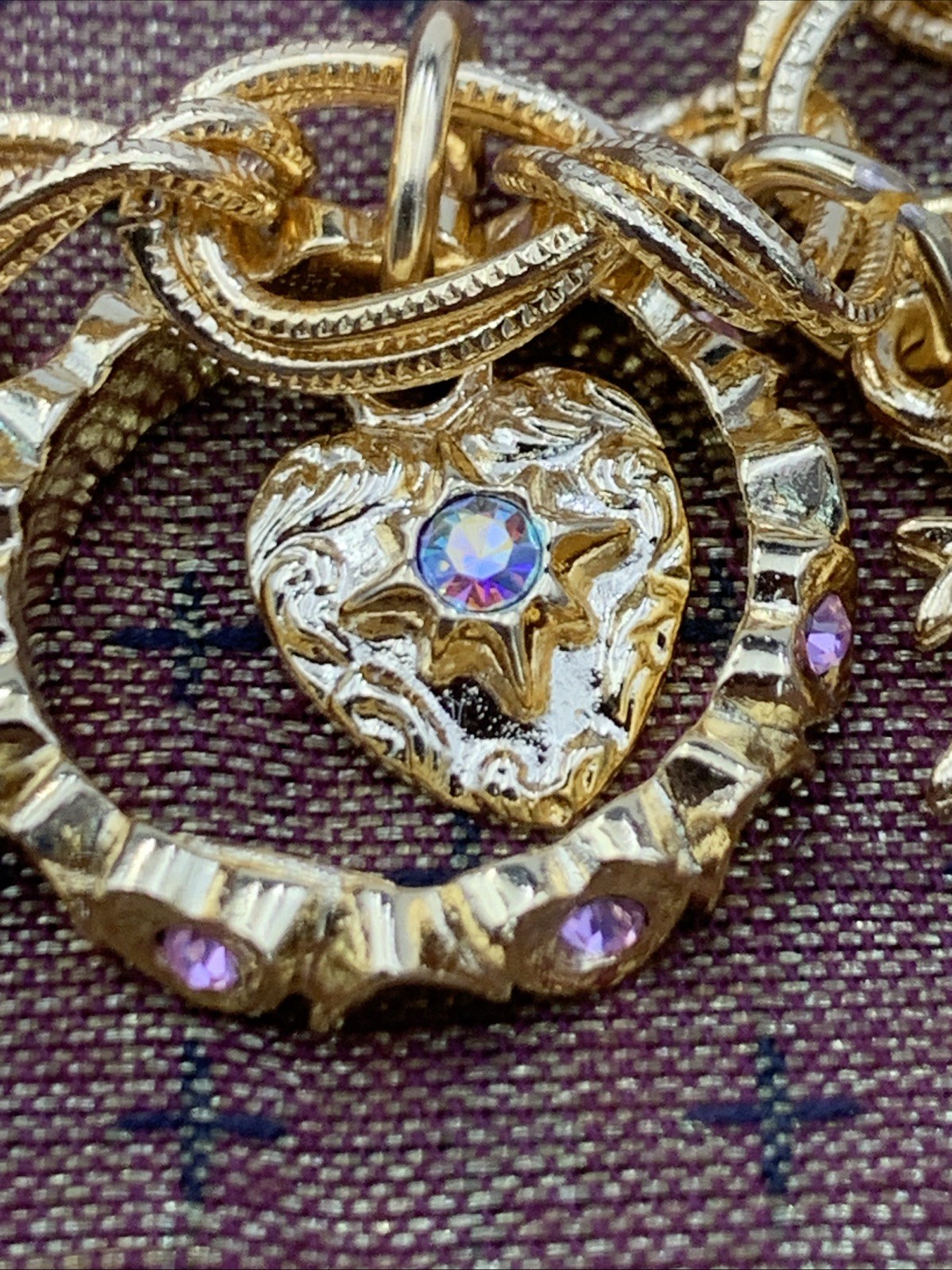 Kirks Folly Gold Tone Charm Bracelet Cupid Hearts Rings Crystals Angel