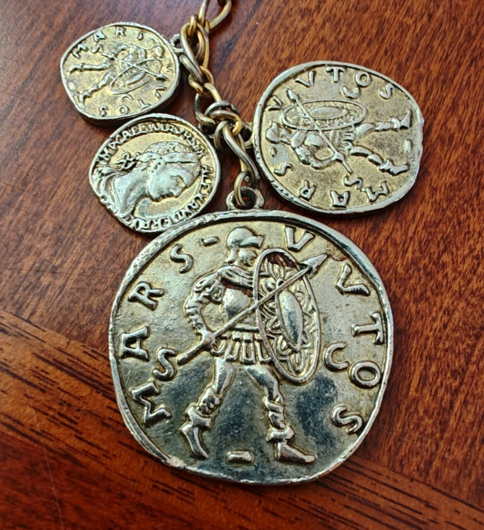 Vintage Coin Charm Necklace Greek Roman Dangles Gold Tone Chain 30″