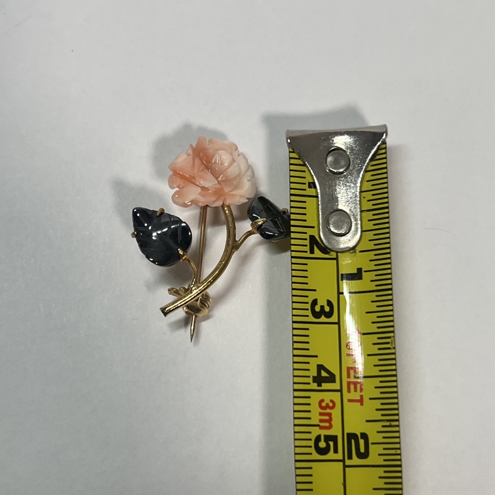 Vintage Carved Coral Rose Flower Brooch Jade Leaves Gold Tone Floral Pin