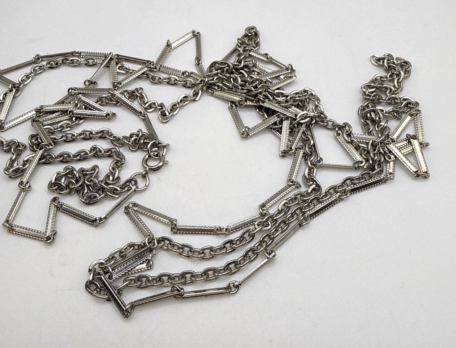 Vintage two strand long silver tone chain bar link