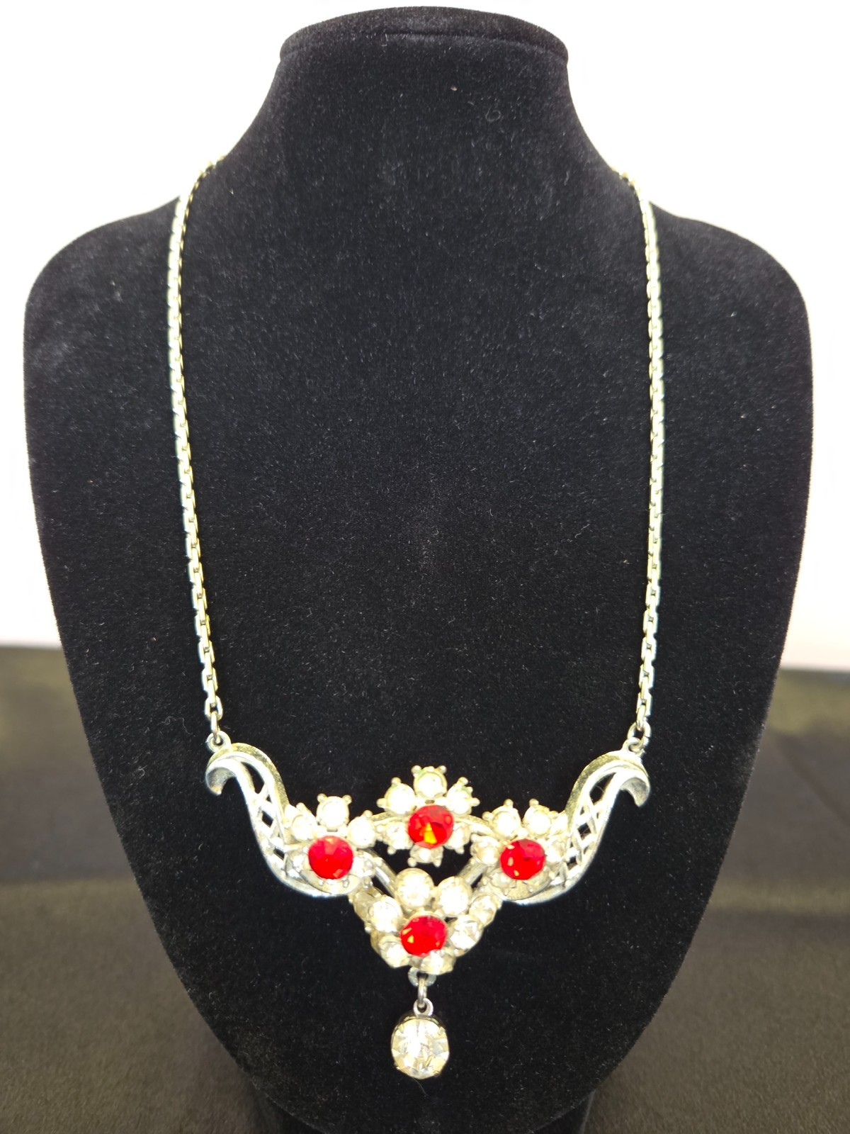Vintage Style Silver Tone Filigree Necklace with Red Stones – Ornate Statement P