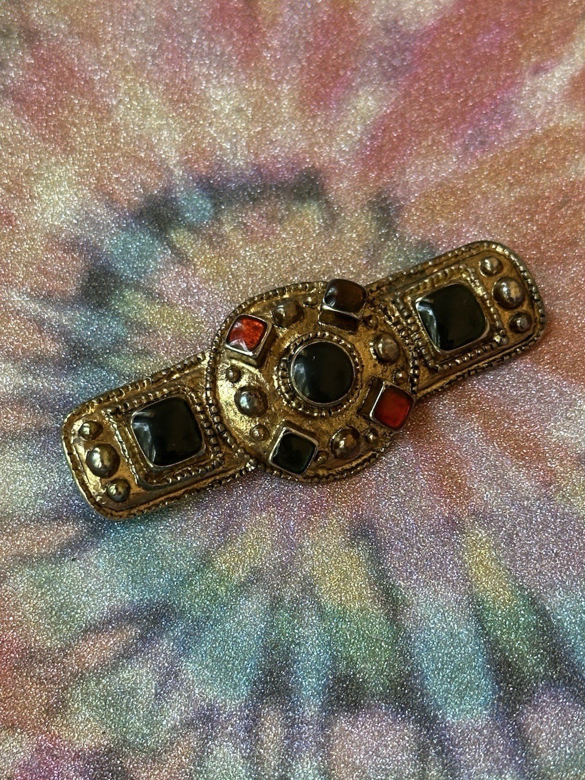 VTG French Style (Paris) Etruscan Mogul Bar Brooch/pin Multicolor Enamel,80s