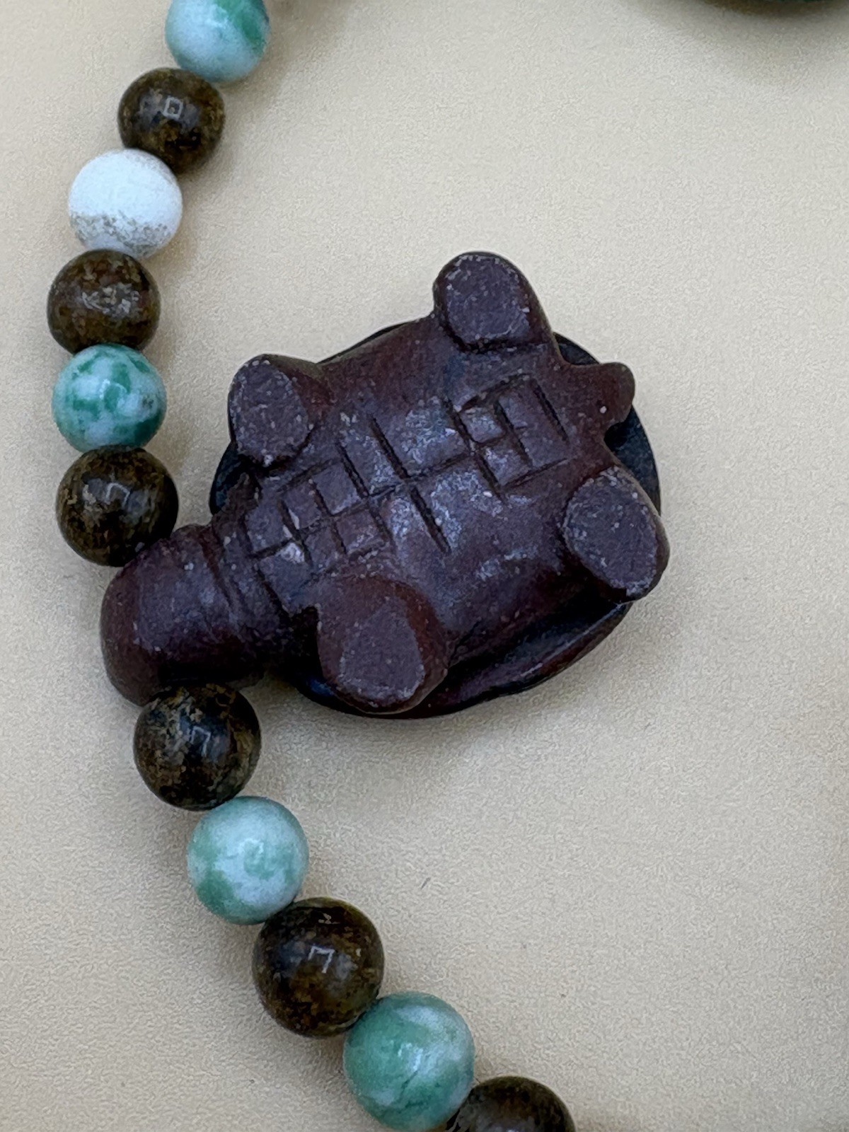 Assorted Color Stone Bead Necklace with 5 Carved Turtle Pendants
