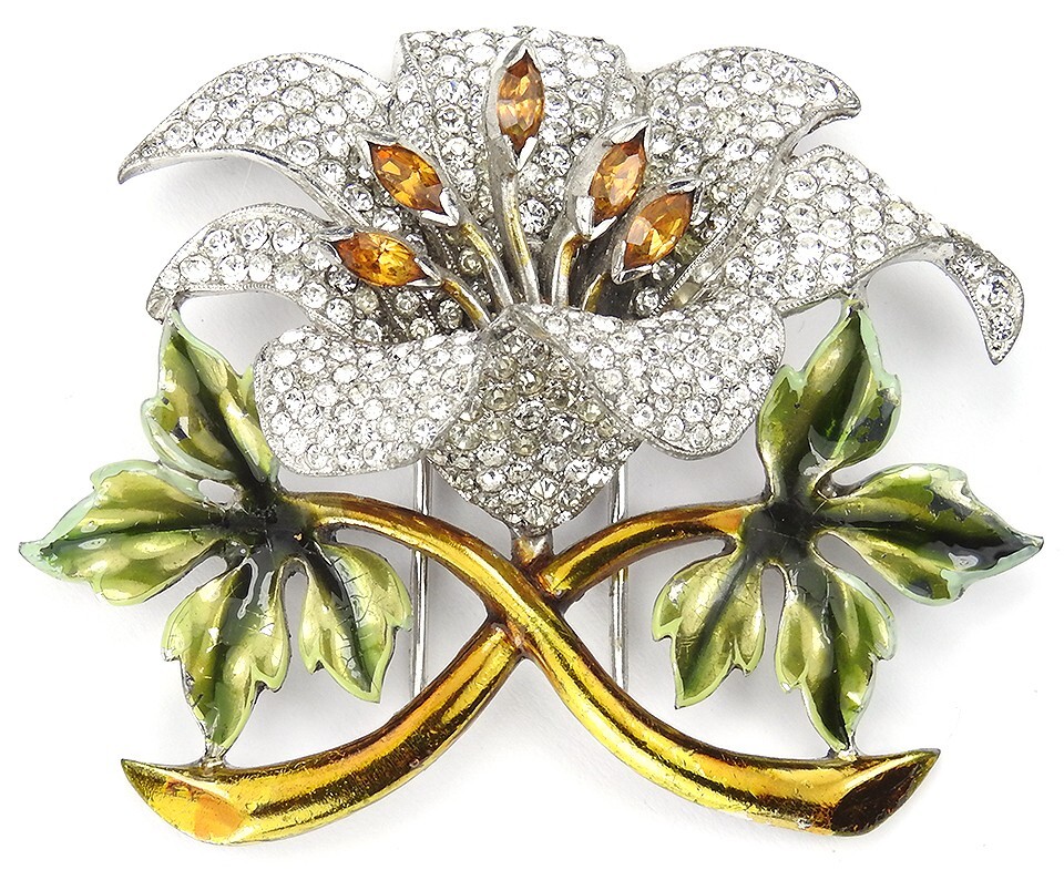 Dujay Pave and Metallic Enamel Orchid with Topaz Stamens Flower Pin Clip
