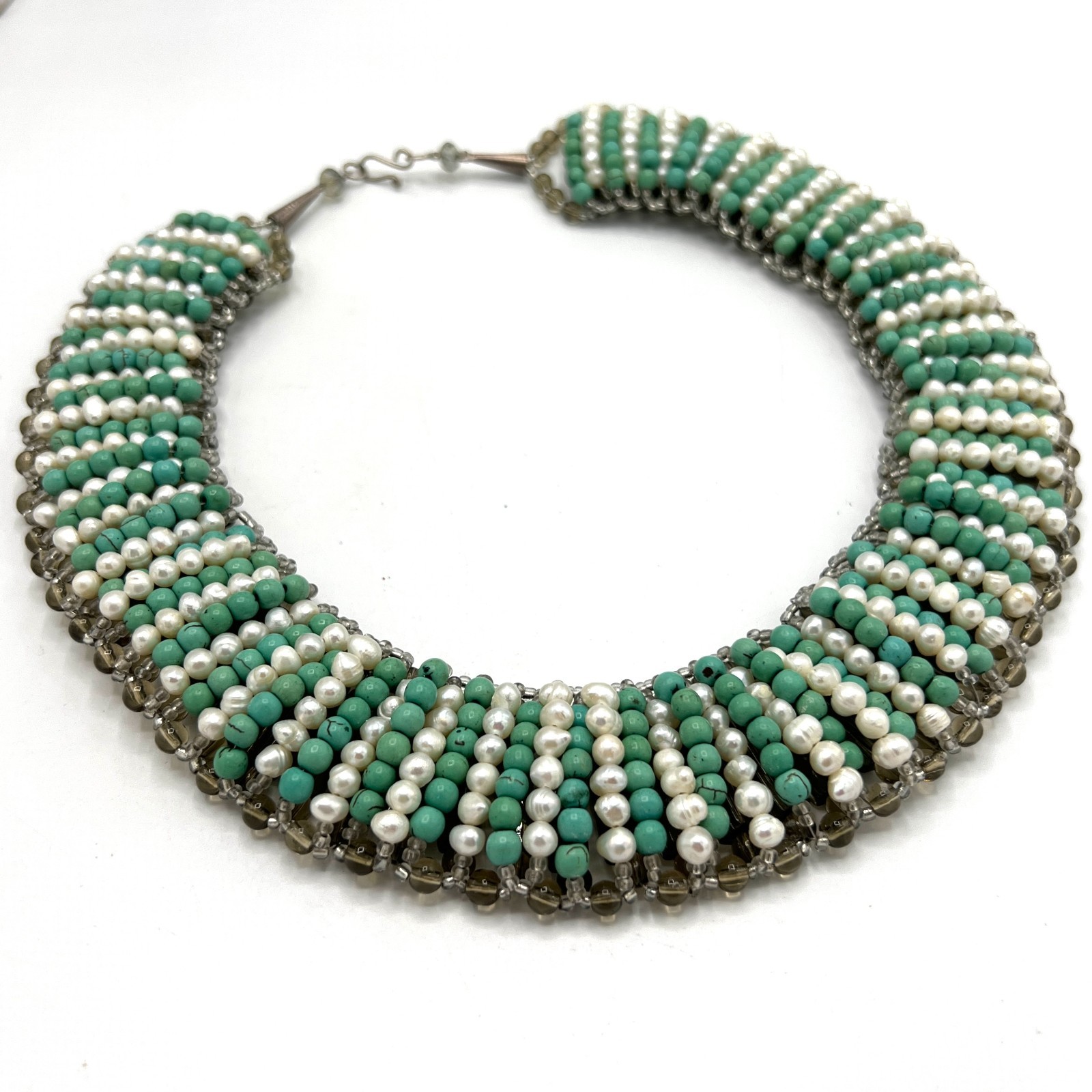 Vintage Turquoise & Freshwater Pearl Collar Necklace Sterling Silver 925 Clasp