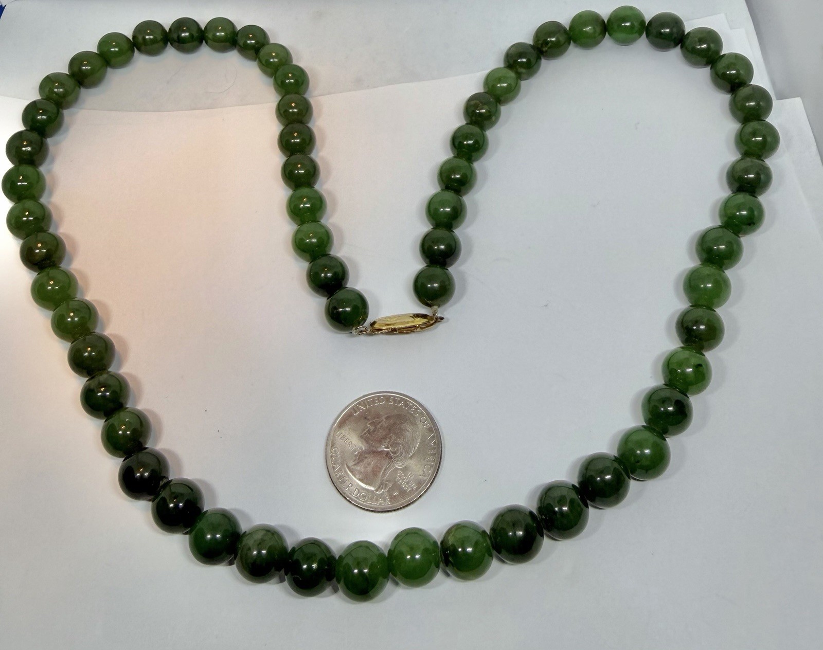 Vintage 8mm Dark Green Jade Beads Necklace Goldtone Clasp 23”
