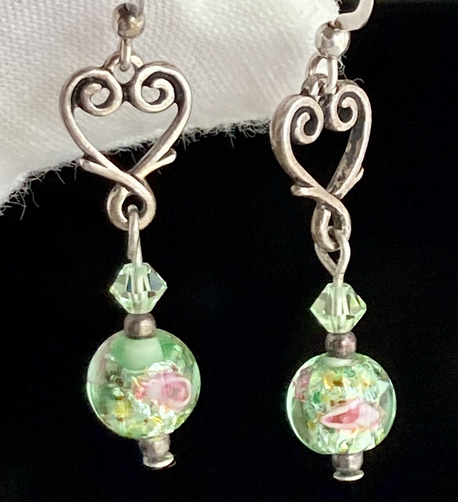 Sterling Silver Heart Round Glass Bead Earrings Dangle Drop Green Pink 1.75inch