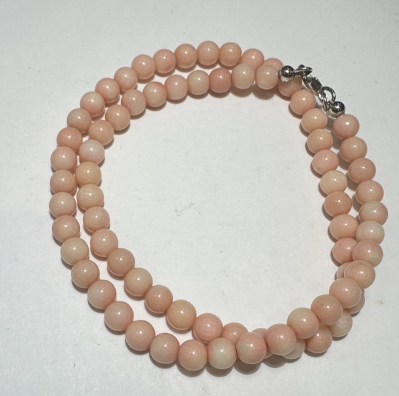 Vintage Dainty 6mm Carved Angel Skin Pink Coral Beads 17.5″ Choker 25g Necklace