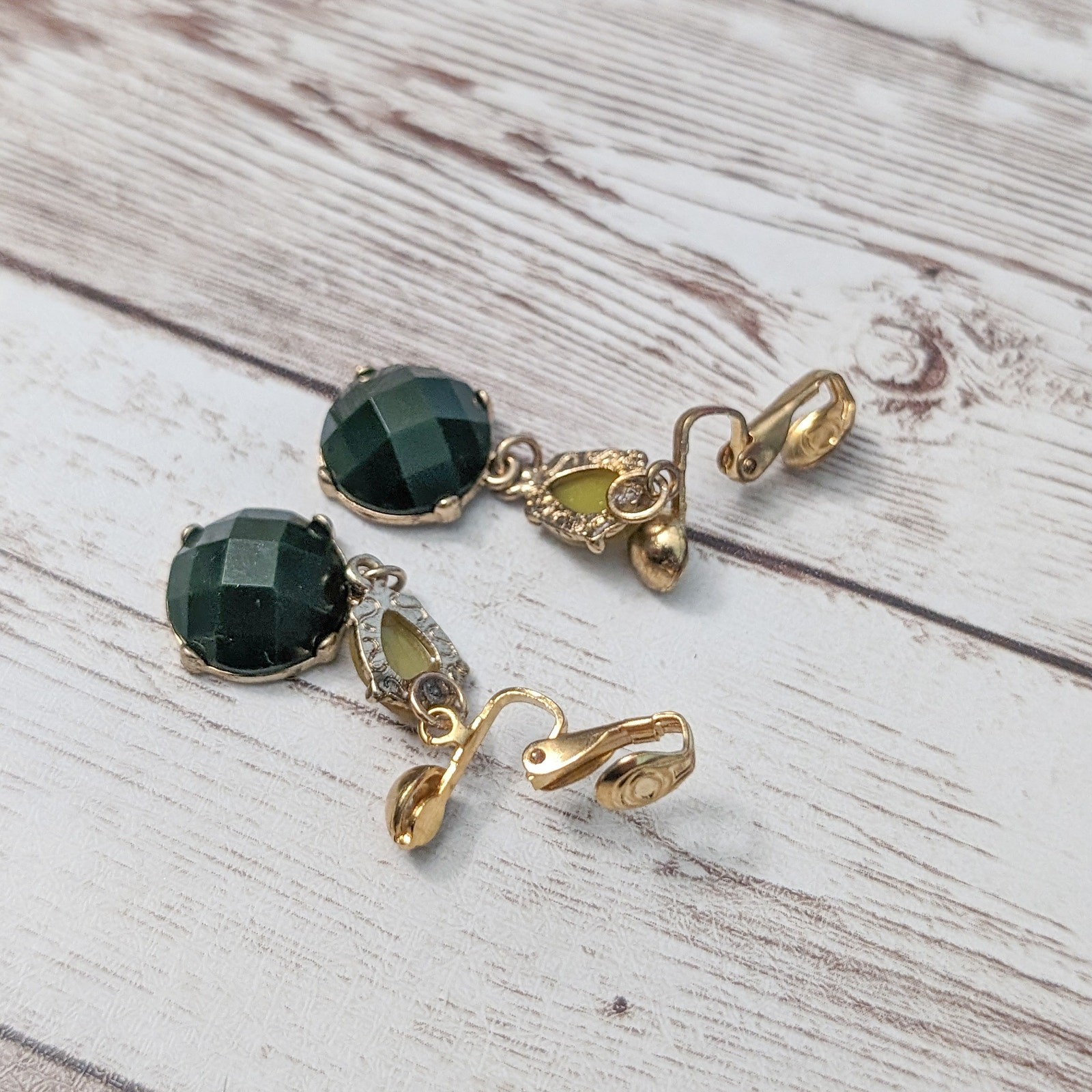 Vintage Clip On Earrings Dark Green and Dusky Yellow