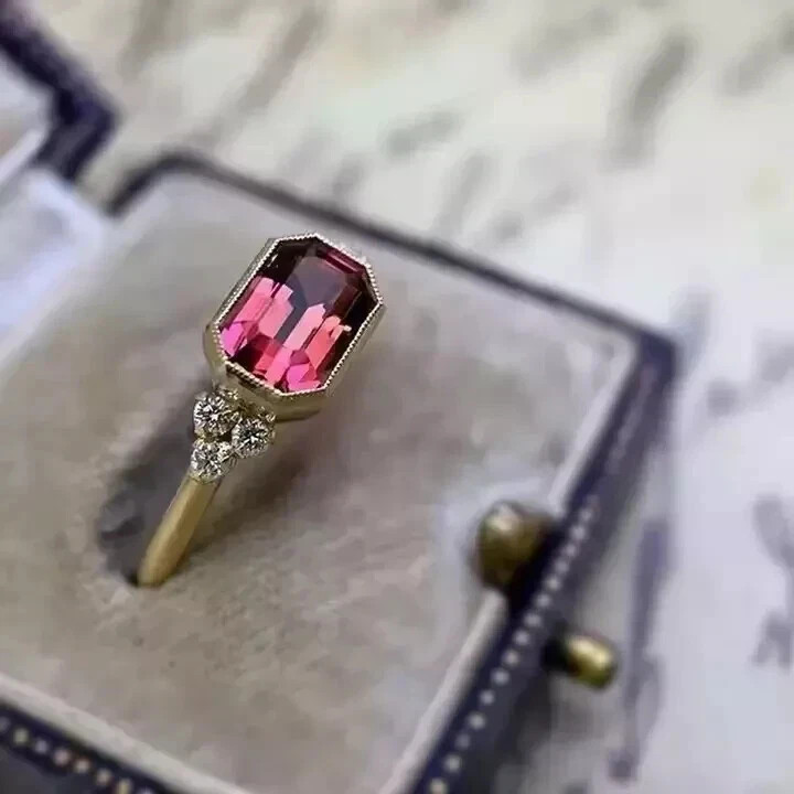 2CT Emerald Cut Lab-Created Pink Tourmaline Vintage Ring 14K Yellow Gold Finish