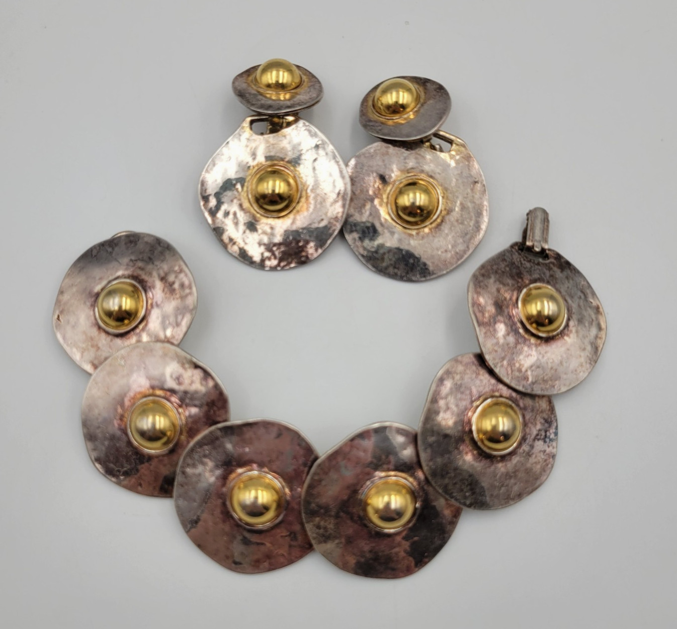 Brutalist Style Jewelry Set Hammered Disc Bracelet Clip on Earrings READ
