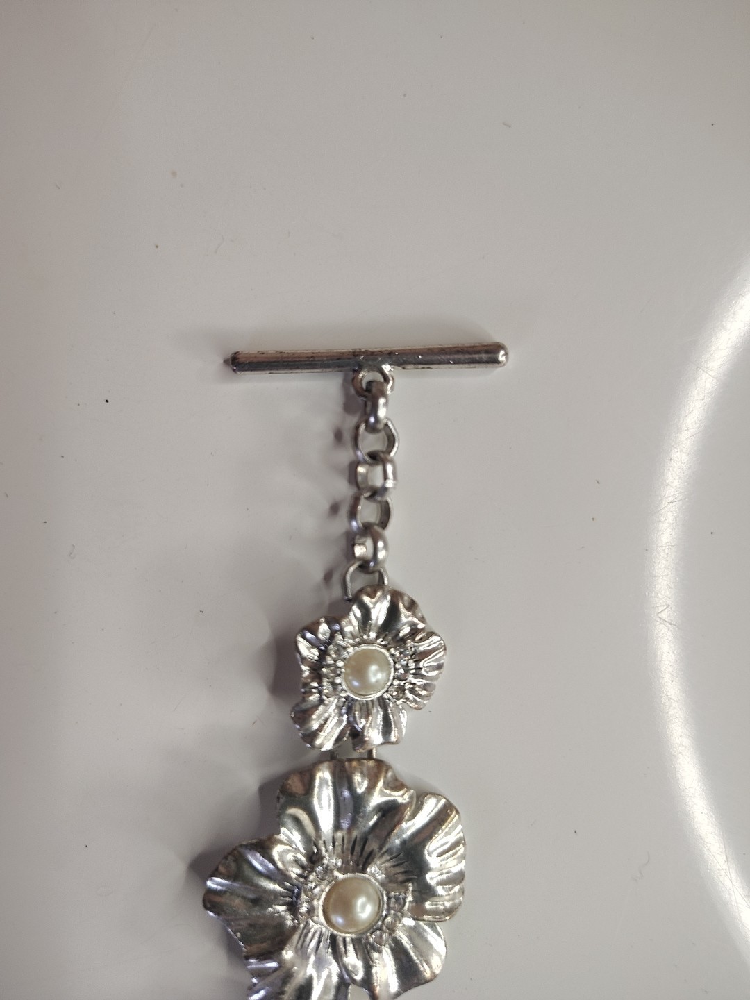 Vintage Flower Silver Tone Bracelet With Pearl Approximately 8 And 1/2 In Open