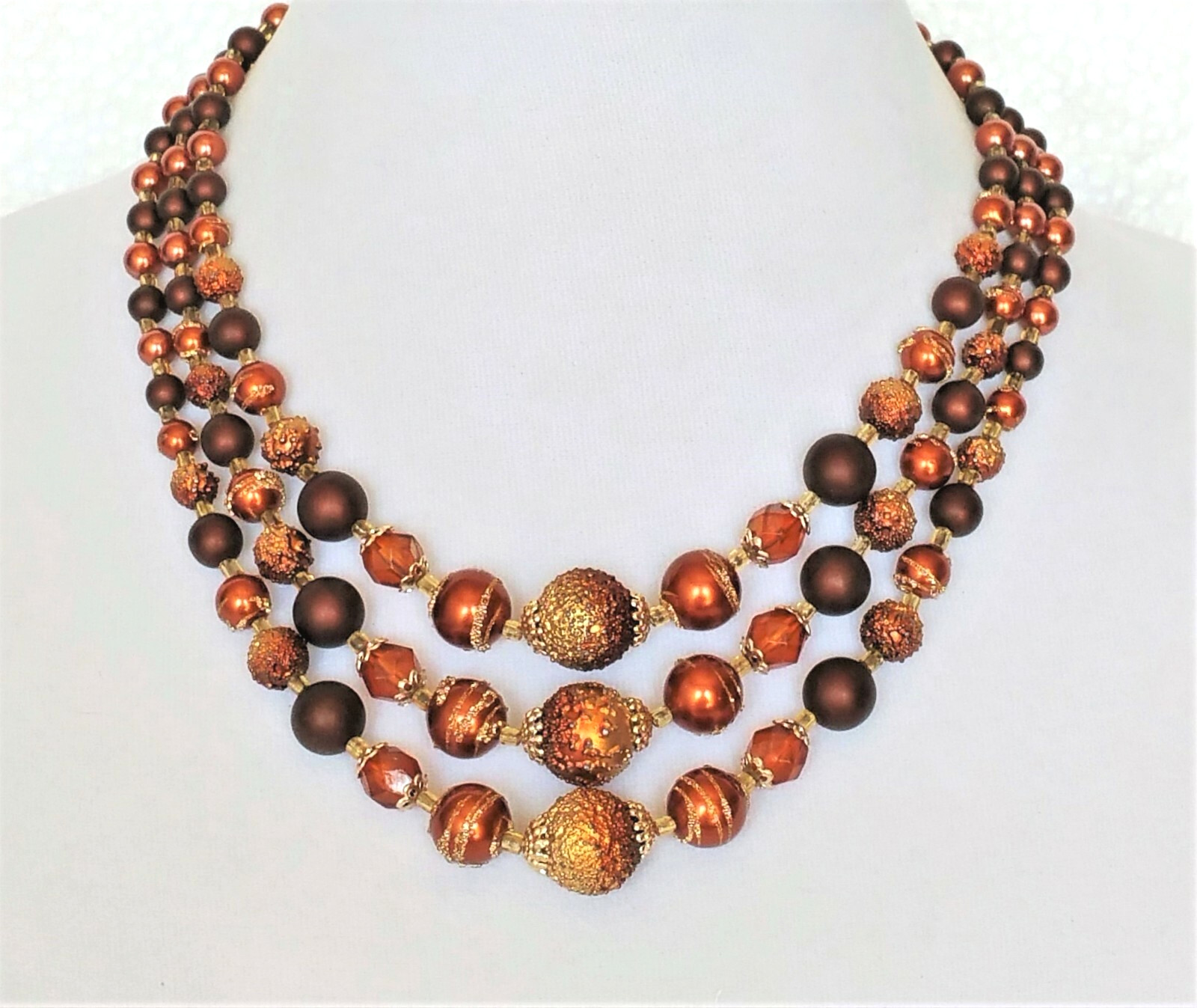 Vintage Womens Necklace Bronze Copper Gold Tone Beads Art Deco 3 Strands