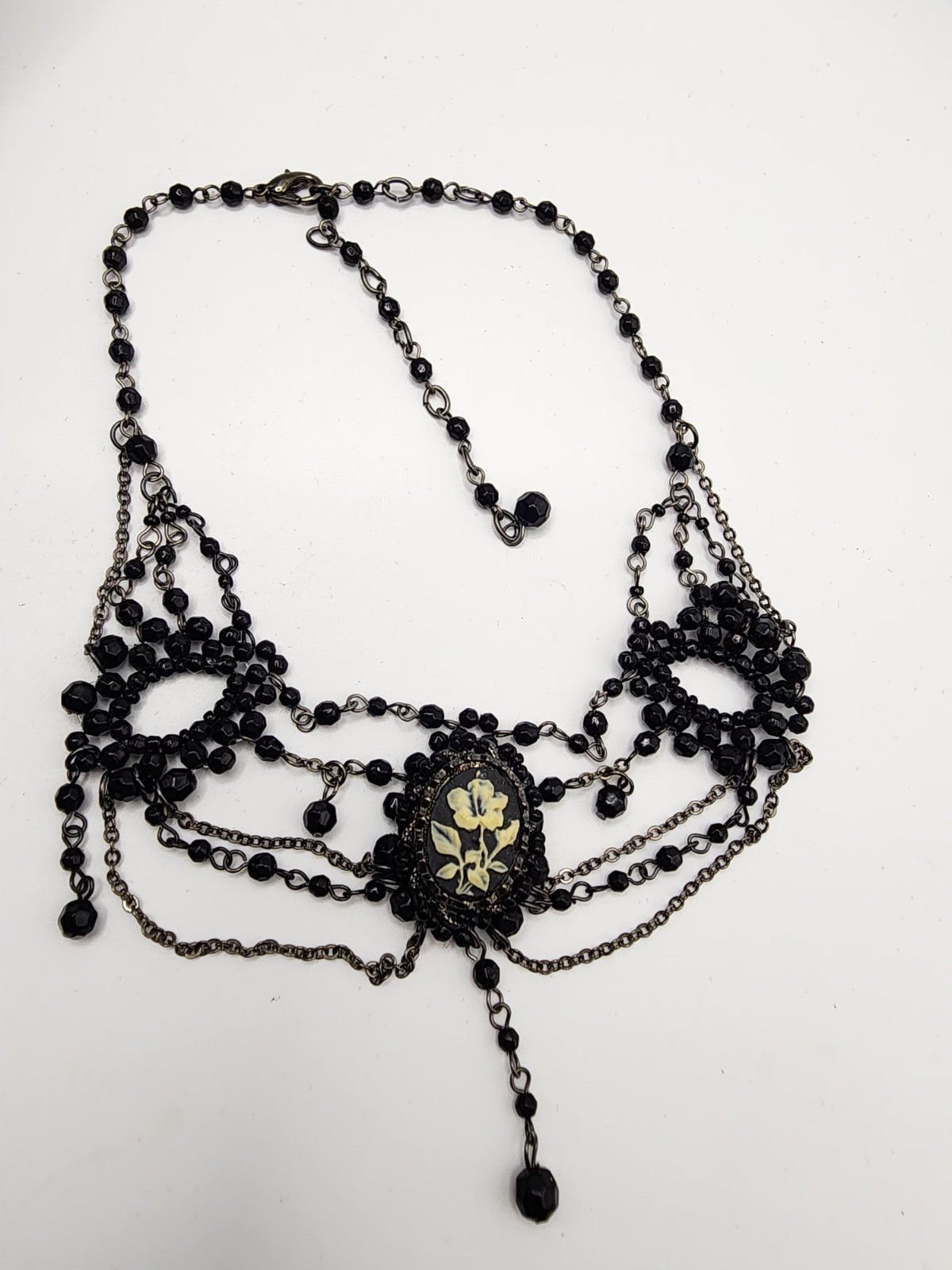 Vintage Victorian Gothic Black Beaded Choker Statement Necklace Cameo Bib Collar