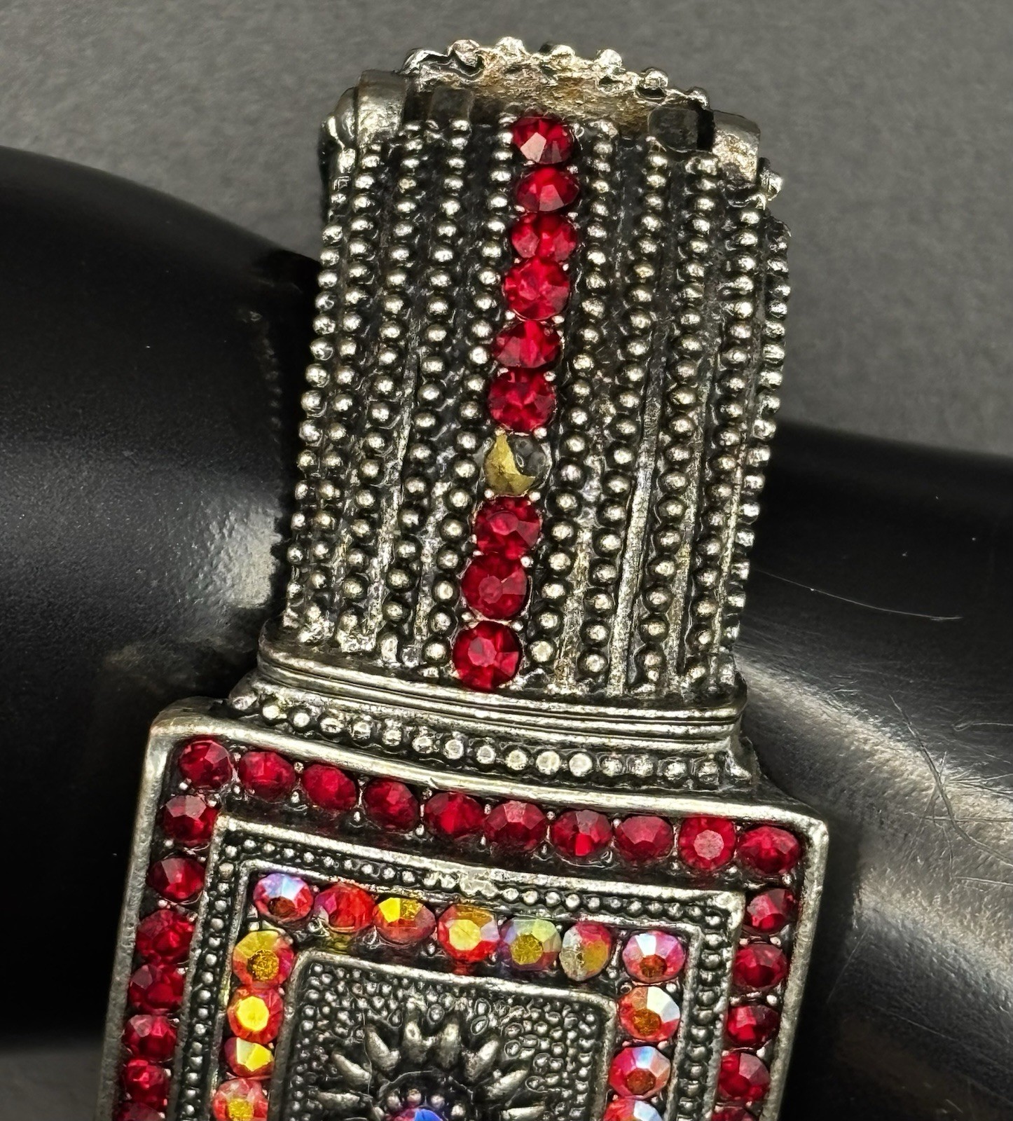 Ruby red and iridescent Aurora Borealis rhinestones Hinged Bracelet