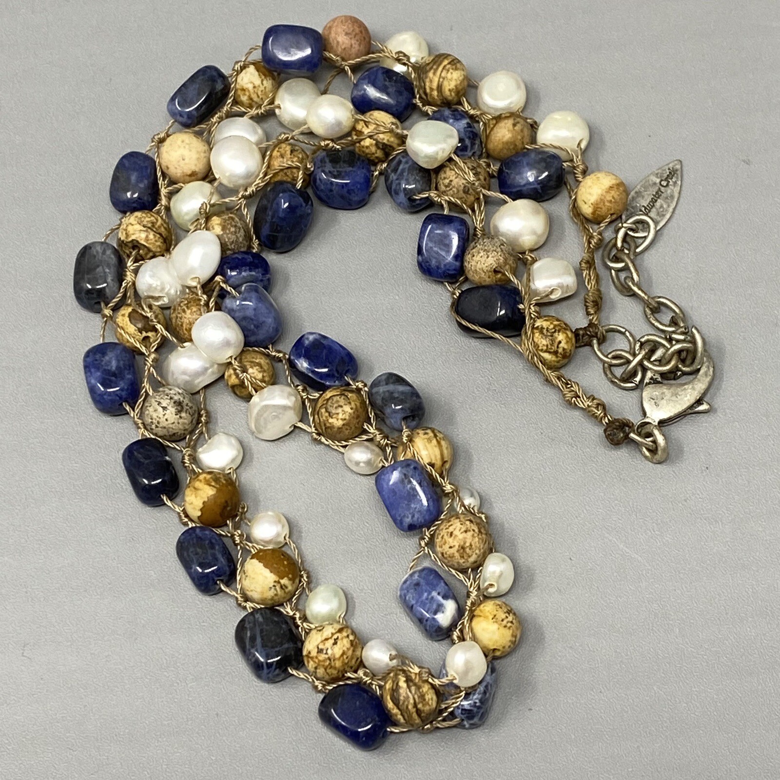 Coldwater Creek Necklace Jasper Sodalite Genuine Pearl Hand Knot Wrap Boho 20″