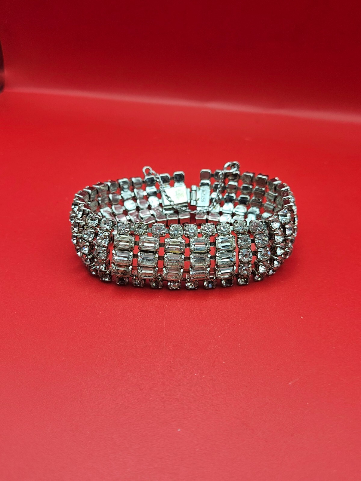 Signed WEISS Five Row ART DECO Emerald Cut and Round Clear Rhinestone Bracelet