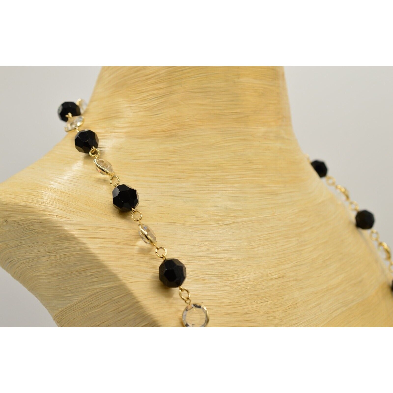 Austrian Crystal USA Vintage Necklace Open Bezel Clear Black Gold Signed 80s 9J