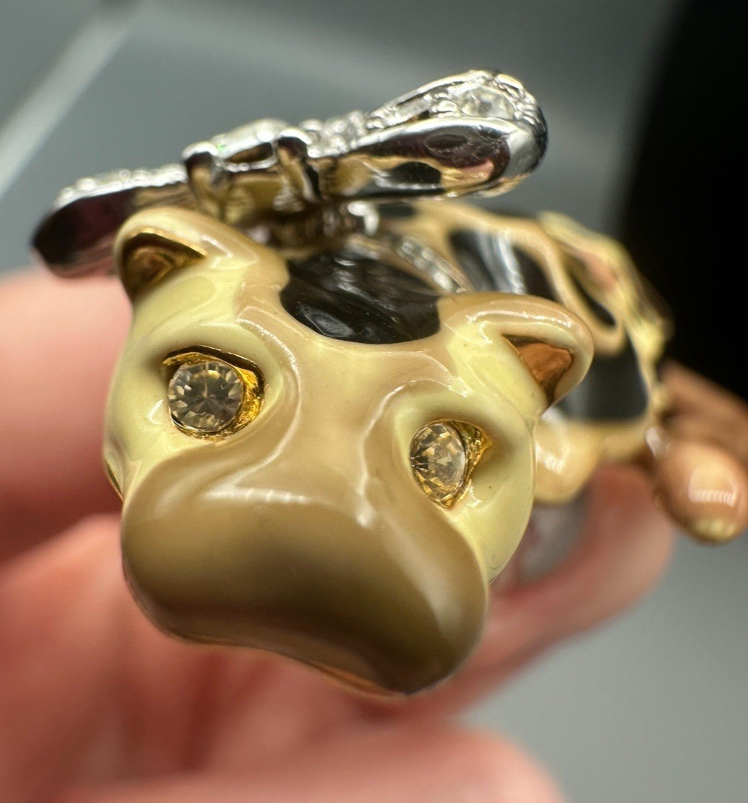 Signed KJL Kenneth Jay Lane Leopard With Crystal Bow Brooch Pin