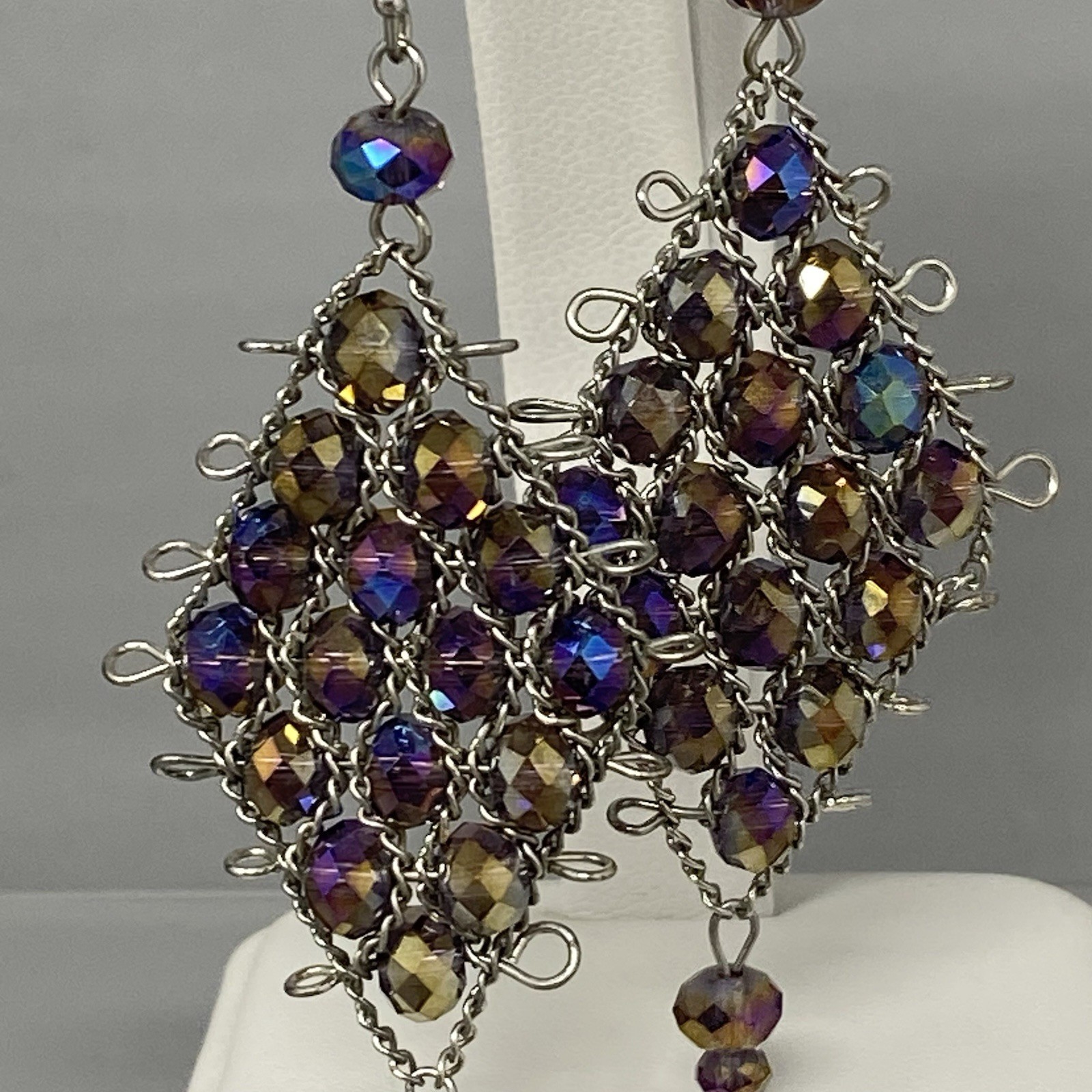 Purple Chandelier Dangle Earrings Pierced Peacock Surface Coated Wire Woven 3″
