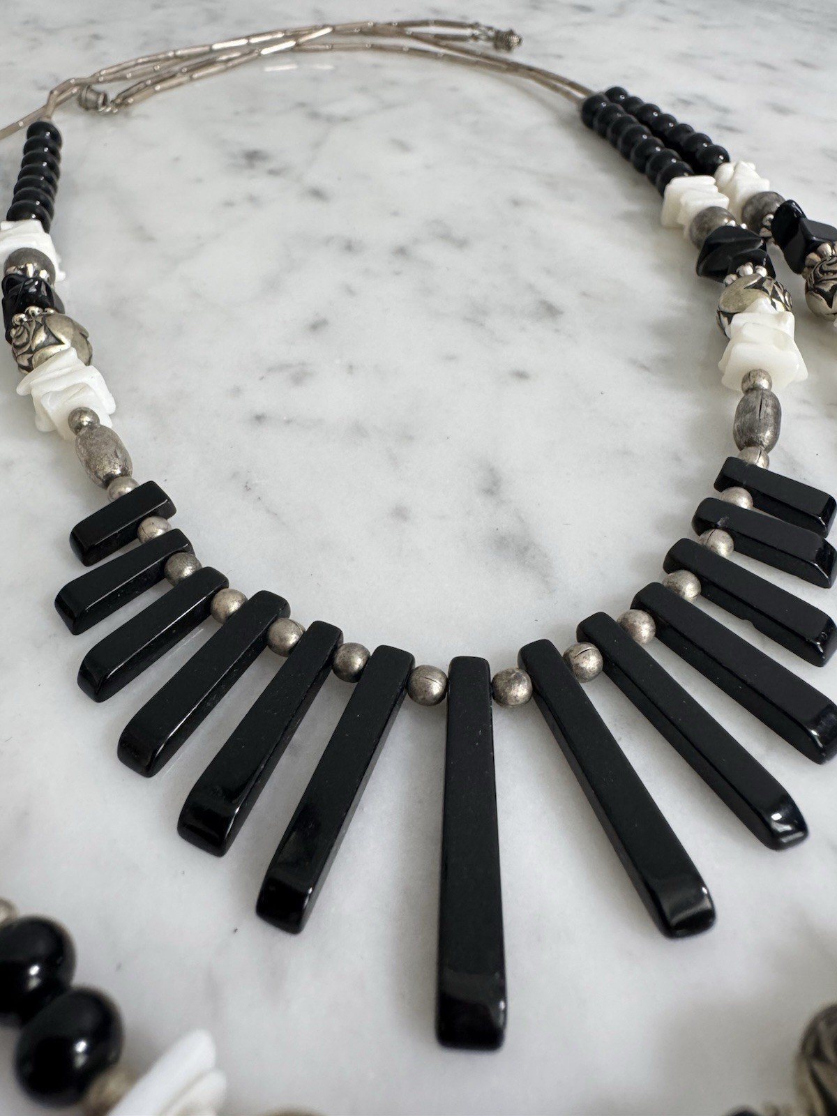 Vtg Silver Tone Liquid Silver Black Onyx Bead & Fringe 2-Strand Layered Necklace