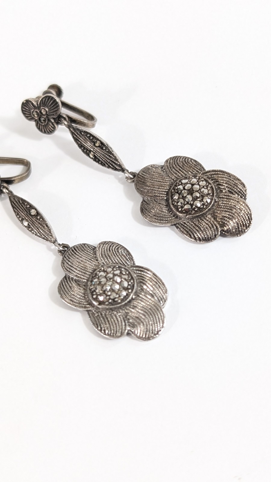 Art Deco Sterling Silver Marcasite Drop Flower Earrings – 925 Vintage