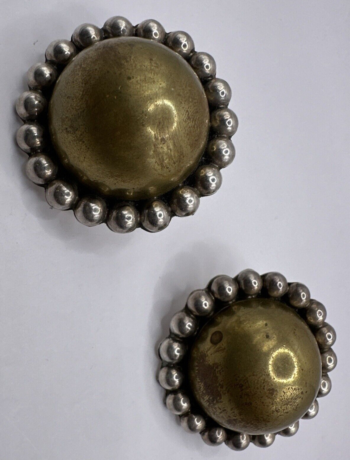 Vintage Taxco MEX Sterling Silver 925 & Brass Concho Clip On Earrings STATEMENT