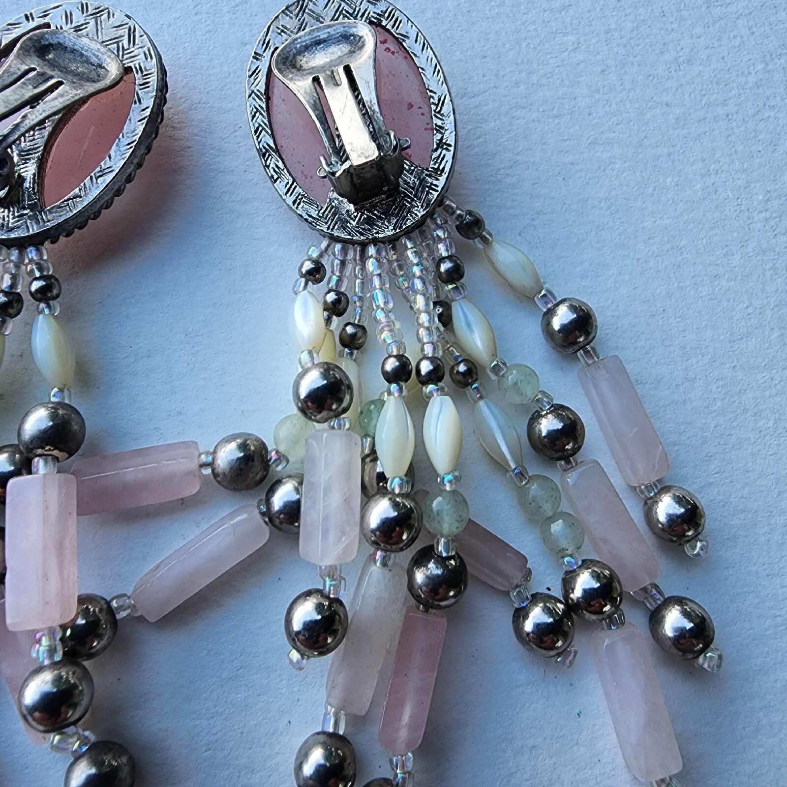 Boho Western Vintage Rose Quartz Cabochon Mother Of Pearl Bead Dangle Clip Gift