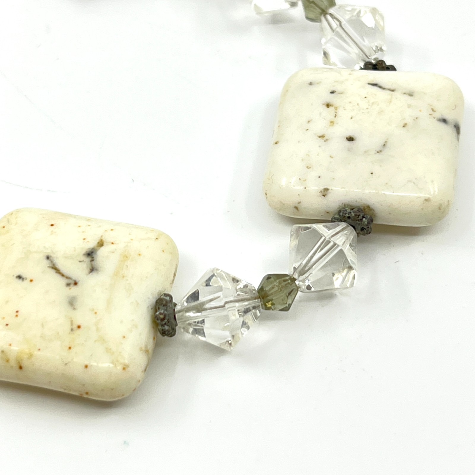 Vintage Boho Cream Square Stone & Crystal Toggle Bracelet – Earthy Neutral Style