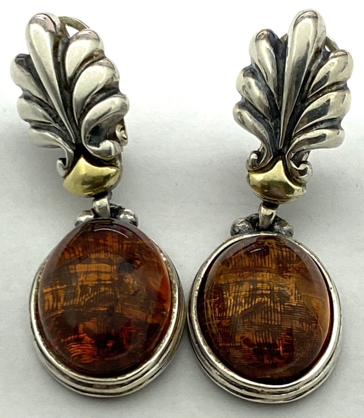 Vintage Italy Signed M Sterling Silver Amber Clip On Earrings 14.03g