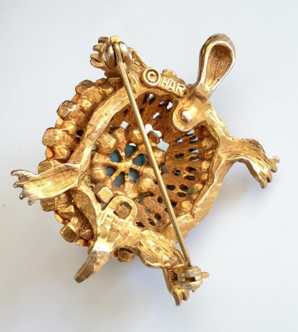 HAR Turtle Brooch Pin Rare Mid Century Turquoise Tiered Rhinestone Statement!!