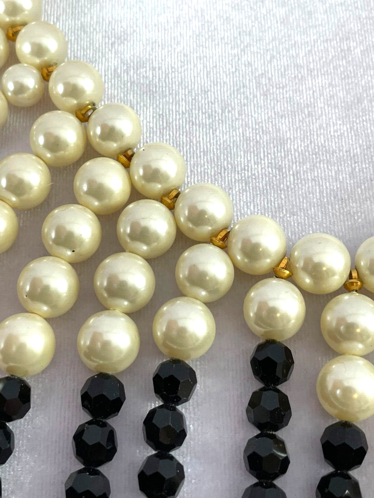 Vtg MARVELLA Fringe Bib Collar Faux Pearl Black Faceted Crystal Choker Necklace