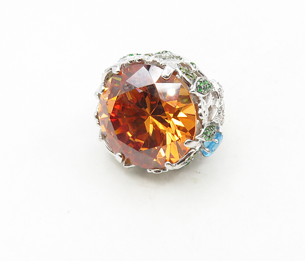 925 Sterling Silver Citrine Cubic Zirconia & Topaz Cocktail Ring Sz 7 RG9180