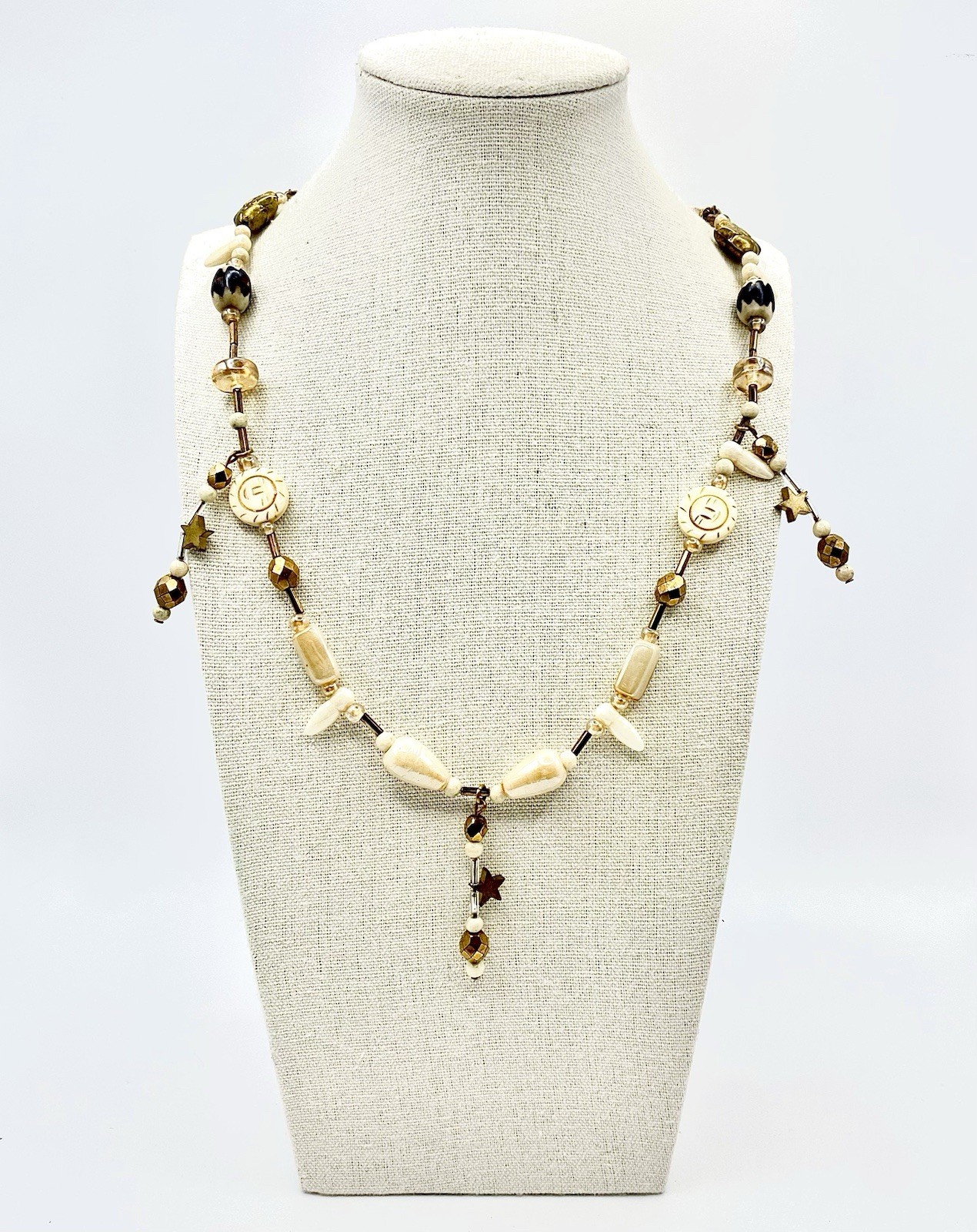 Vintage Tribal Celestial Gold Fish Porcelain Glass Whimsical Fringe Necklace