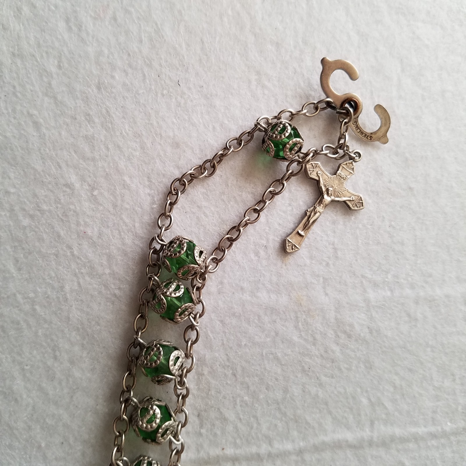 Vintage Sterling Chain Capped Green Bead Rosary Bracelet