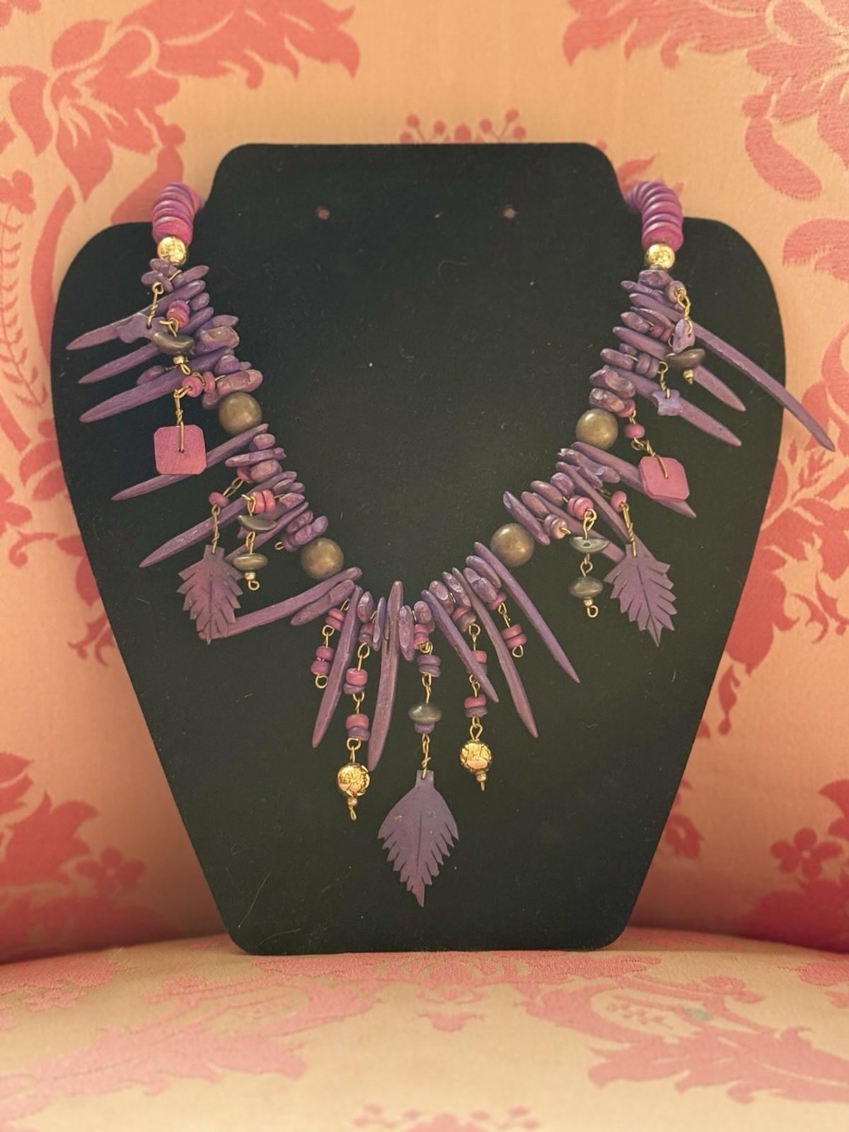 Vintage Funky Spike Purple Wood Leaf Beaded Necklace Tribal Festival Statement