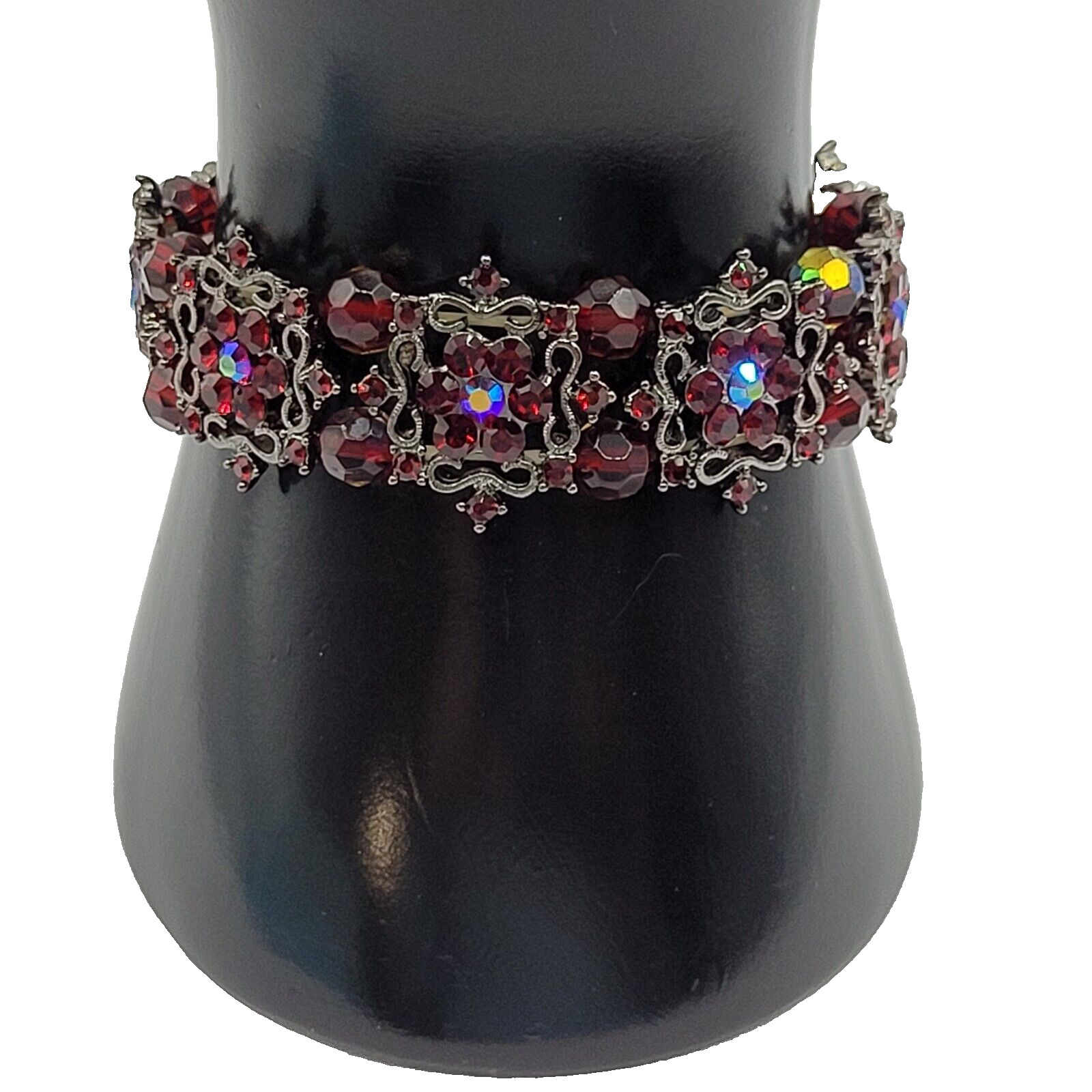 Red AB Crystal Sparkle Flower Floral Metal Ornate Fancy Event Stretch Bracelet