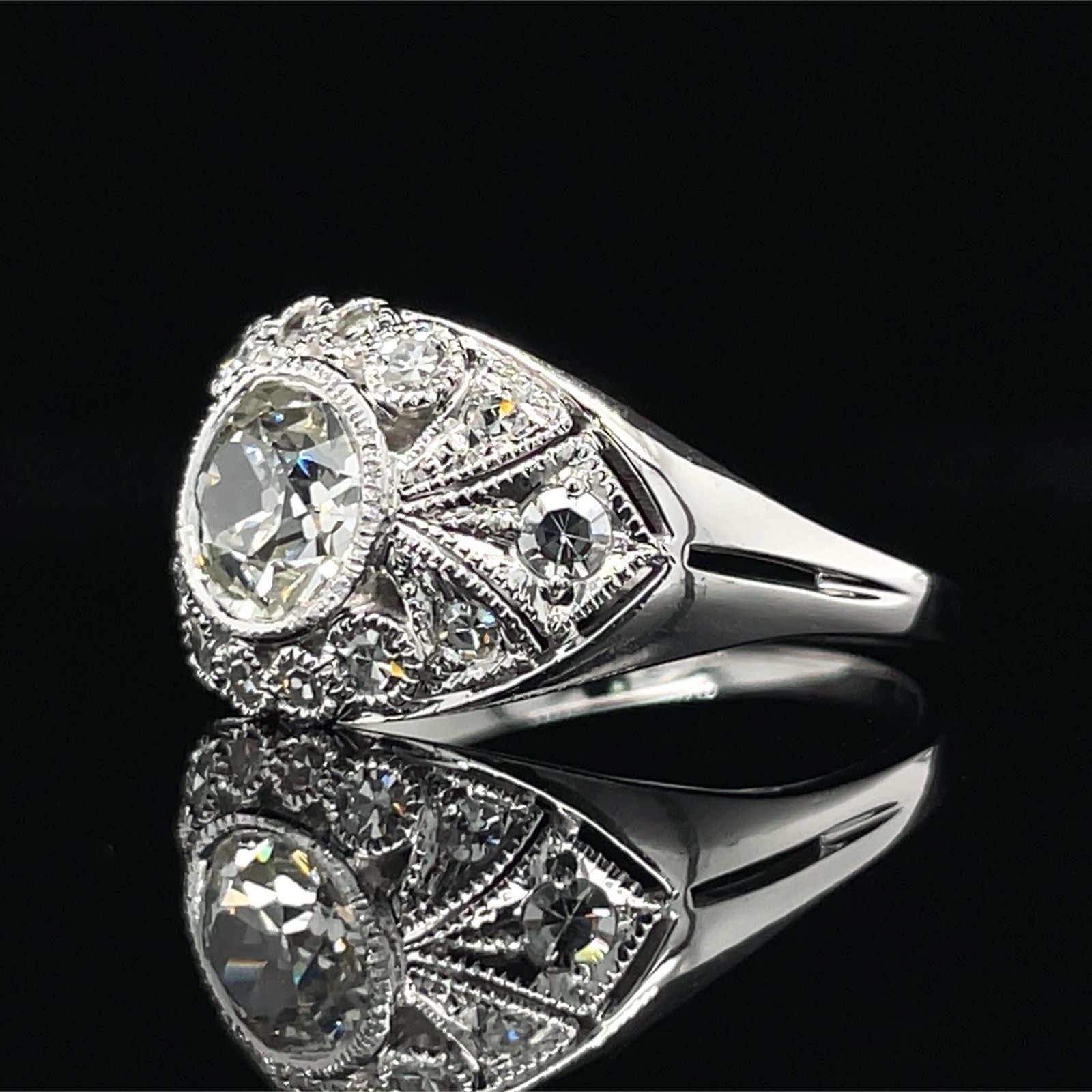 Vintage 1.00 Ctw Old European Cut Bezel Set Diamond Ring 14K White Gold