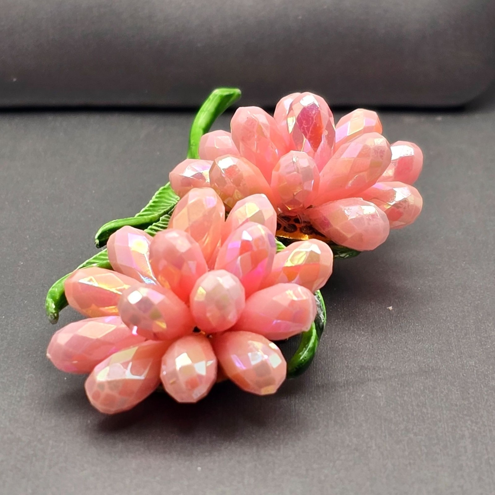 VTG AB Pink Resin Beaded Floral Brooch Green Leaf Double Flower Unsigned