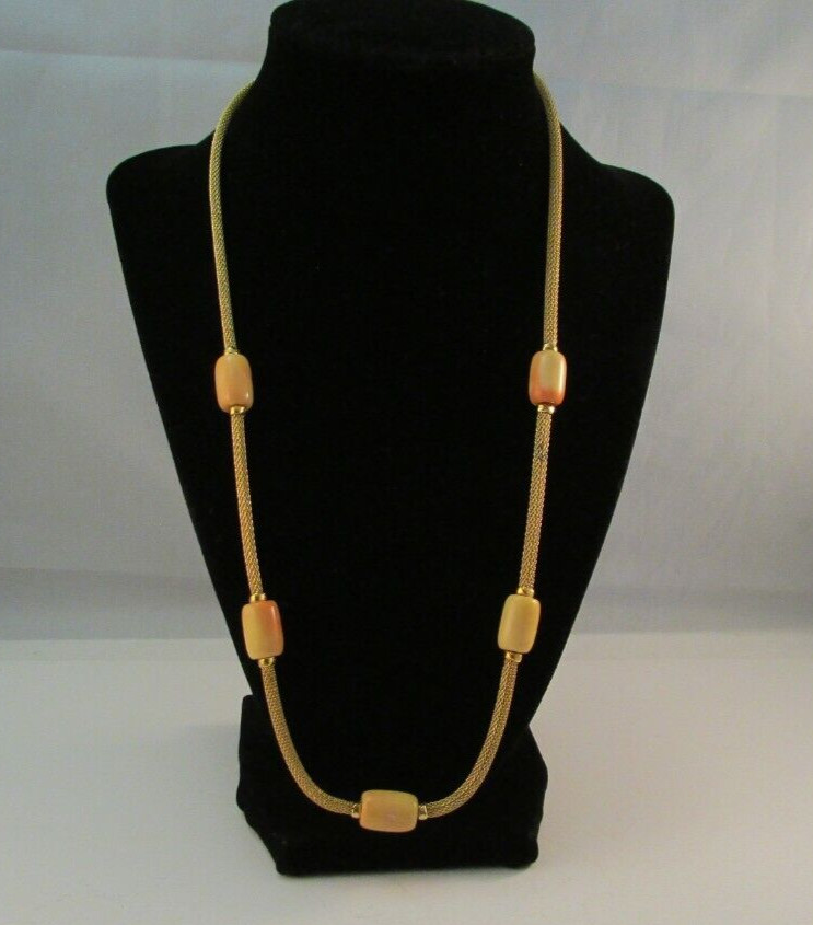 Vintage CROWN TRIFARI Gold Tone Mesh Rope Necklace Cream/Orange Beads READ
