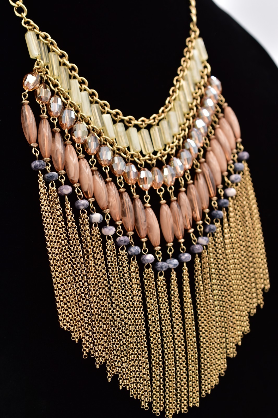 Vintage Fringe Statement Necklace Gold Peach Glass Beads Layered Boho Y2K BinBL