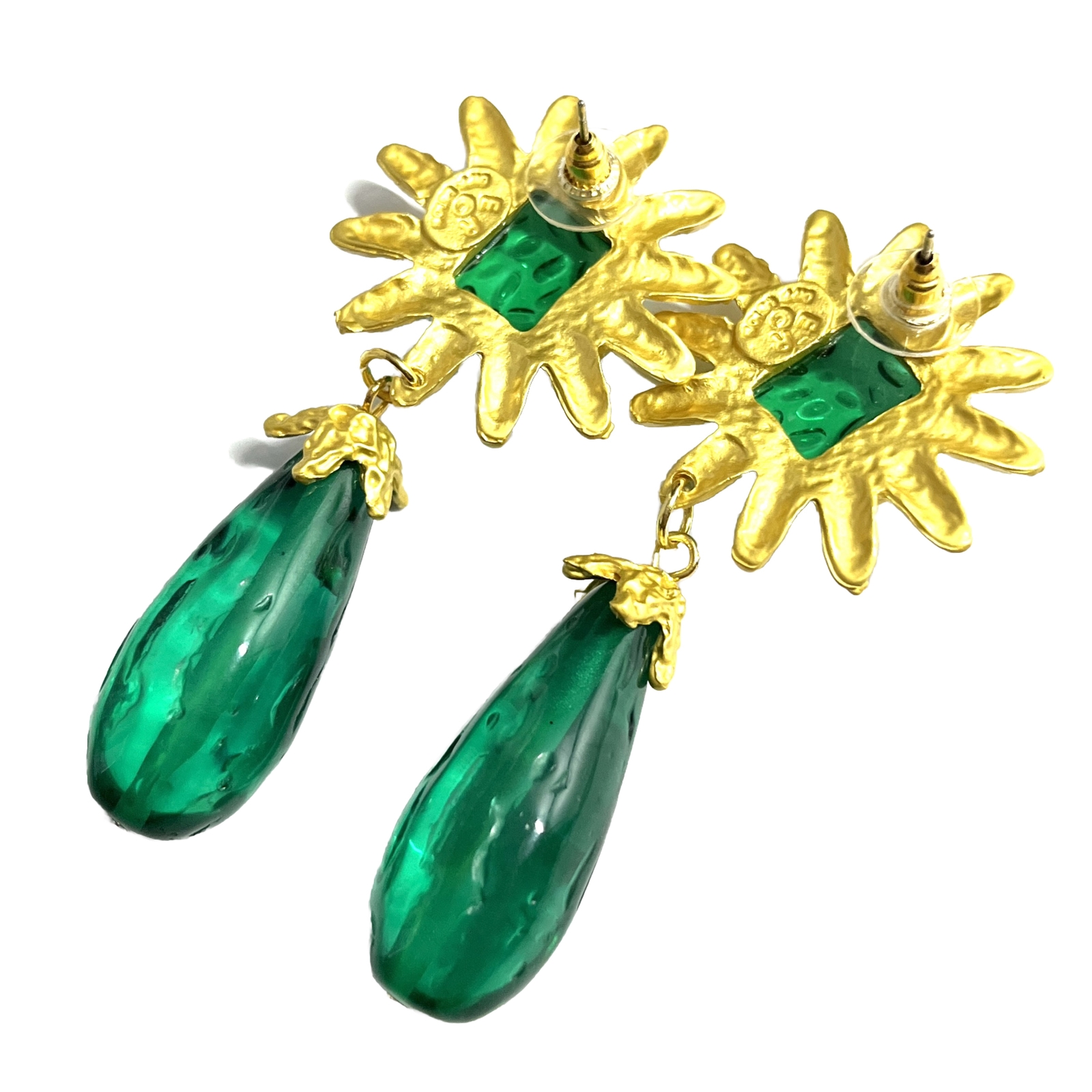 Brutalist Gripoix Style Earrings Pierced Teal Green Matte Gold Sunburst Dangle